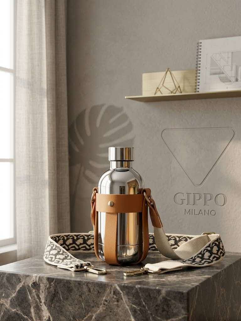 Stainless Steel Water Flask with Leather Harness